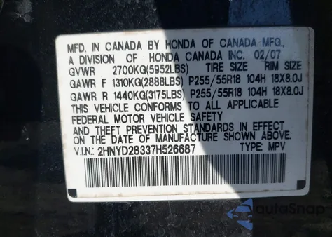 2007 Acura Mdx Technology Package из США, поврежденный, VIN 2HNYD28337H526687